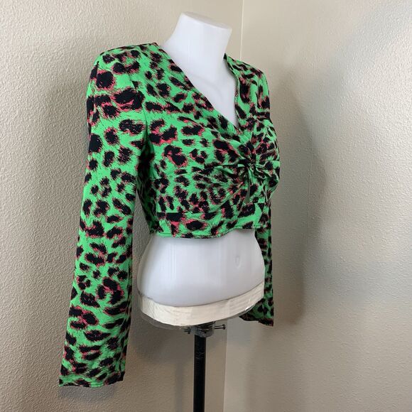 Vero Moda Long Sleeve Twist Crop Top Irish Green Anette Leopard Blouse Sz S - Picture 2 of 10